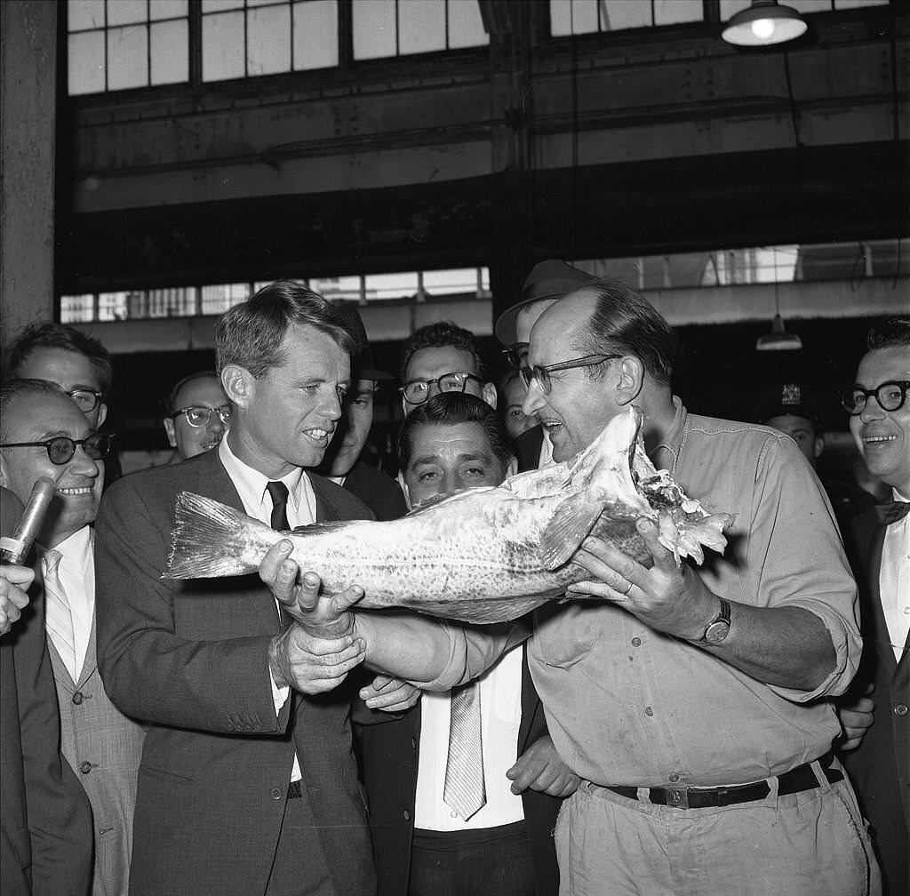 Stumping for votes in the Fulton Fish Market, Democratic Sen, 1960s