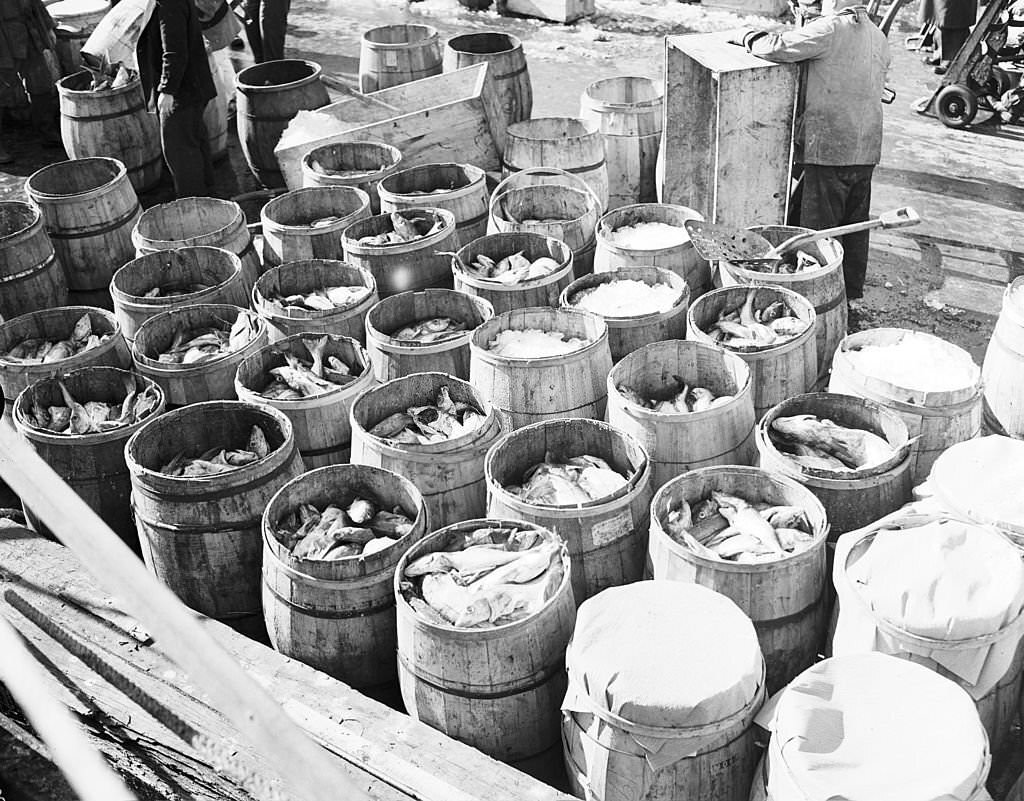 Fish for sale in barrels at the Fulton Fish Market, New York City, 1943