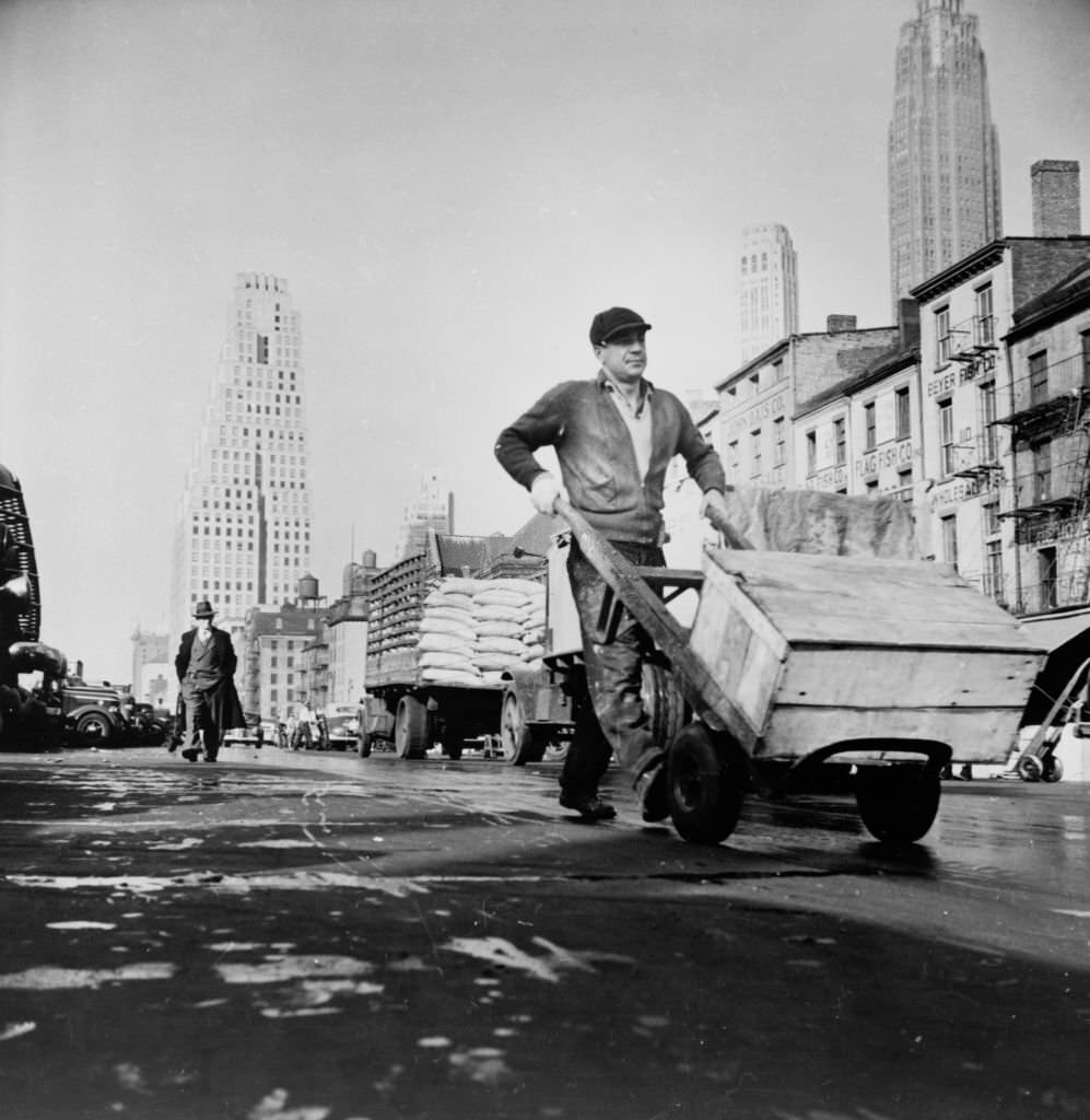 Fulton fish market street scene. Artist Gordon Parks, 1920s