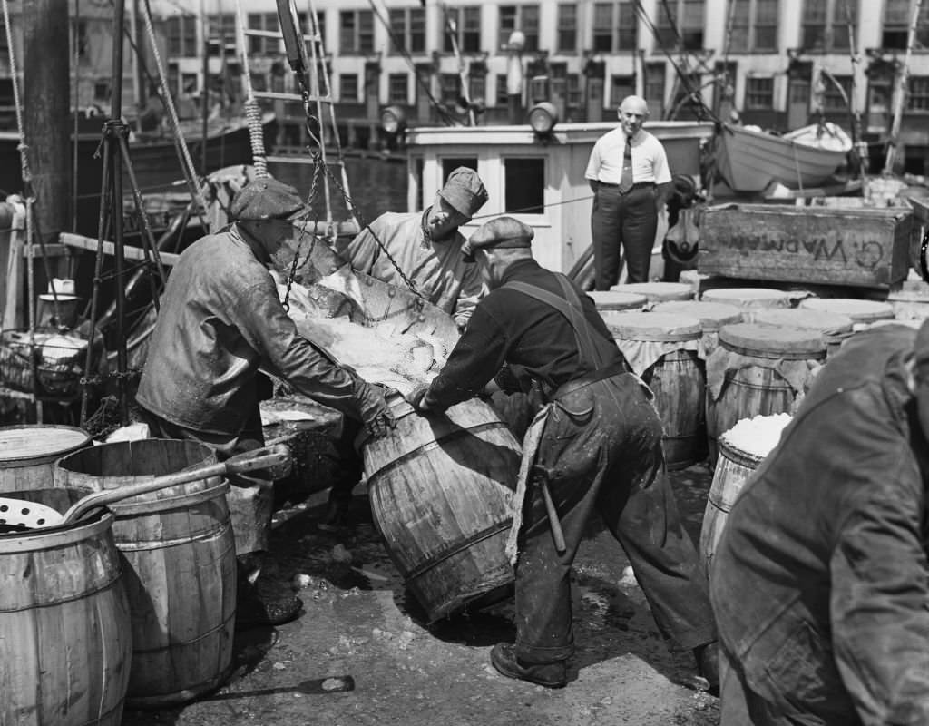 Fish delivery at Fulton Fish Market in the Bronx, New York City, 1940.
