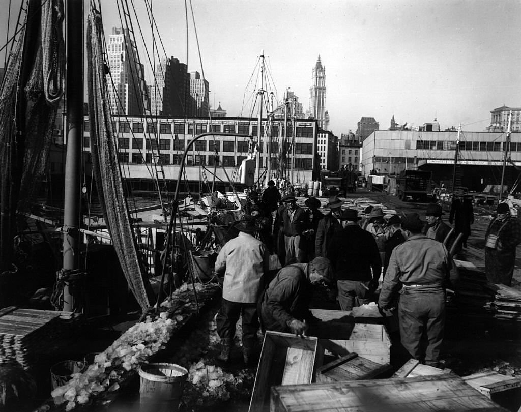 Fishermen at Fulton Fish Market, 1940s