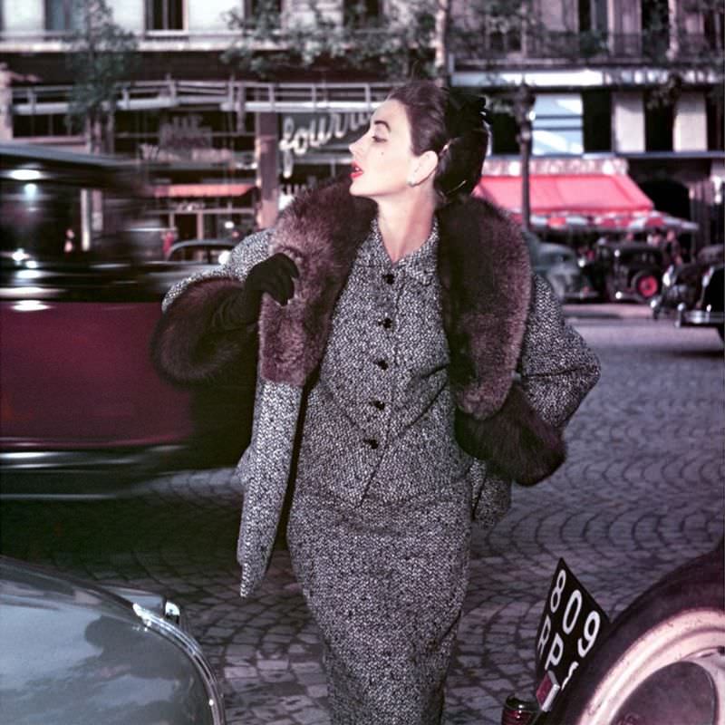 Dorian Leigh in a tweed ensemble by Lanvin-Castillo, Paris, 1953