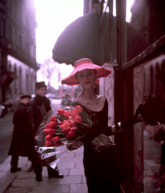 Suzy Parker with tulips, 1953