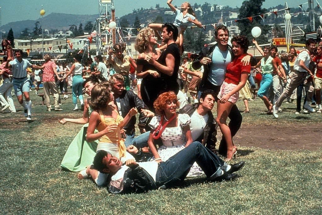 Olivia Newton John, John Travolta and the rest of the gang in a scene from the film 'Grease', 1978.