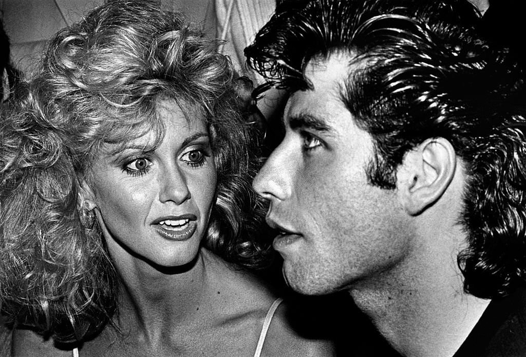 Olivia Newton-John and co-star John Travolta attend their 1978 Hollywood, California, premiere of "Grease."