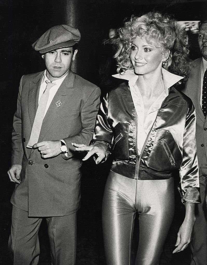 Elton John and Olivia Newton John during the premier of Grease, 1978