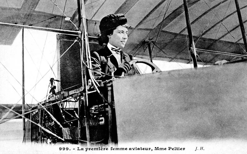 A vintage postcard showing Therese Peltier, the first woman to pilot a heavier-than-air craft, in Turin, 1908.