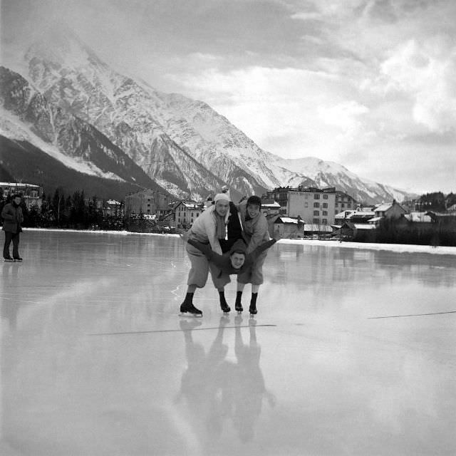 People enjoy ice skating on a frozen lake in the French Alps, January 1946.