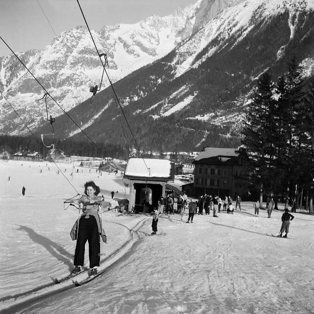 People enjoy skiing during the winter holidays in Chamonix, France, February 1947.