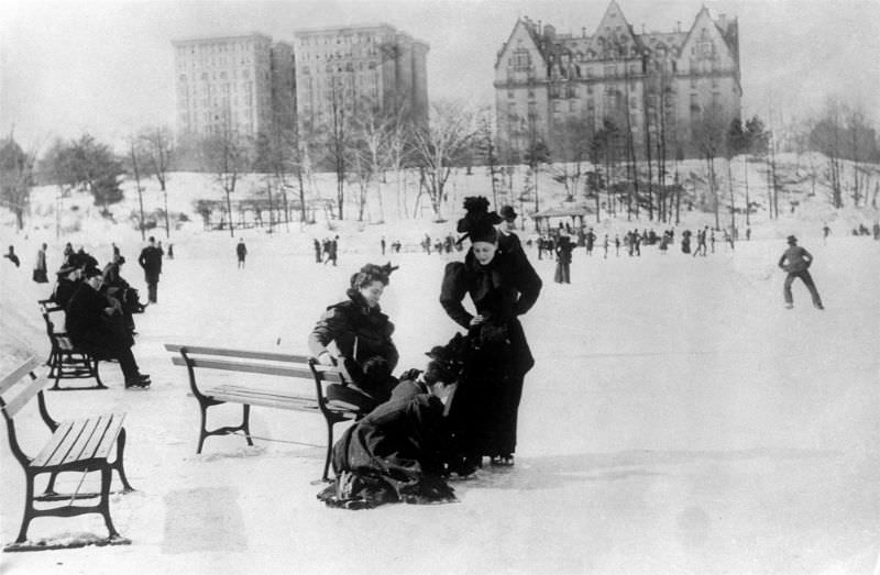 Women and men ice skate on a lake in New York's Central Park, 1893.
