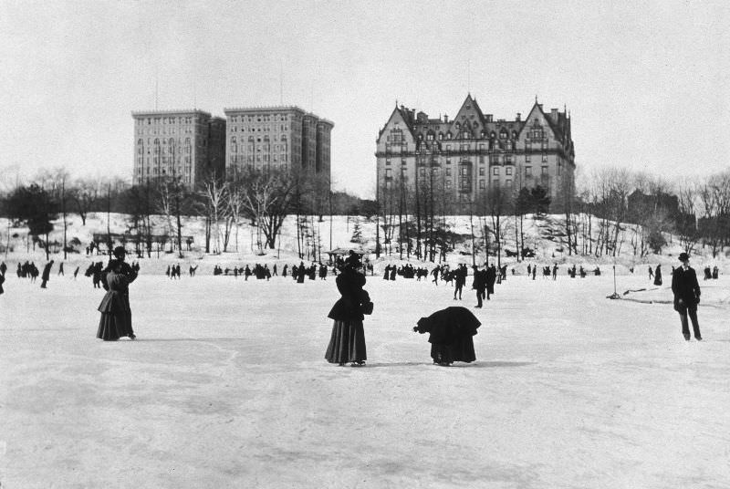 People ice skating on a frozen pond, 1894.