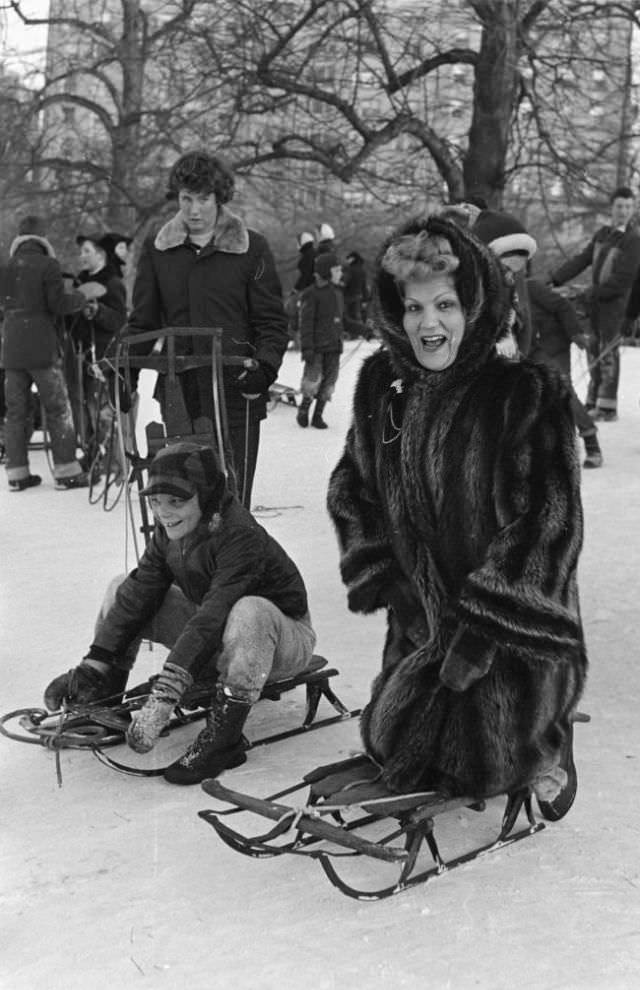 A woman on sled, 1954.