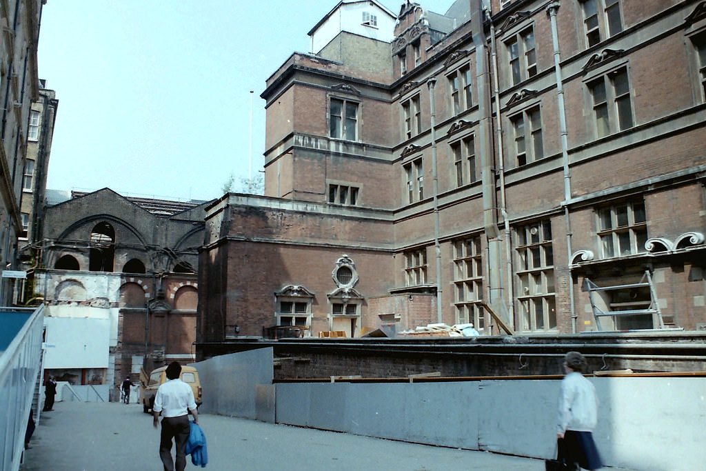 Harwich House Liverpool St station 14 May 1988. Demolition for rebuiding has started.