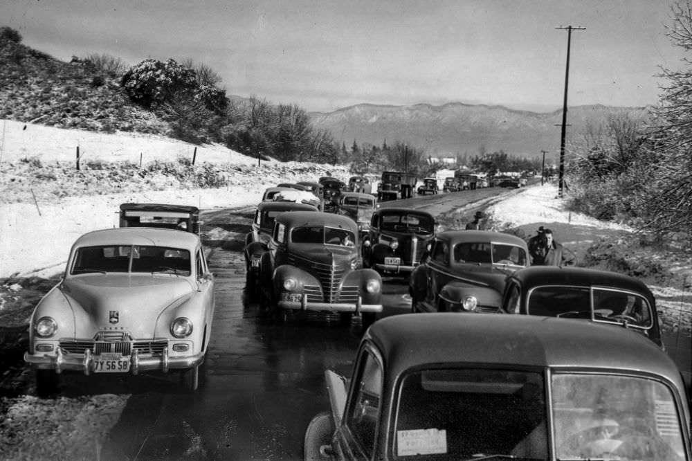 Cars line up on Sepulveda Boulevard in Sherman Oaks while waiting for ice to melt before driving over a hill to the Beverly Hills area on January 12, 1949.