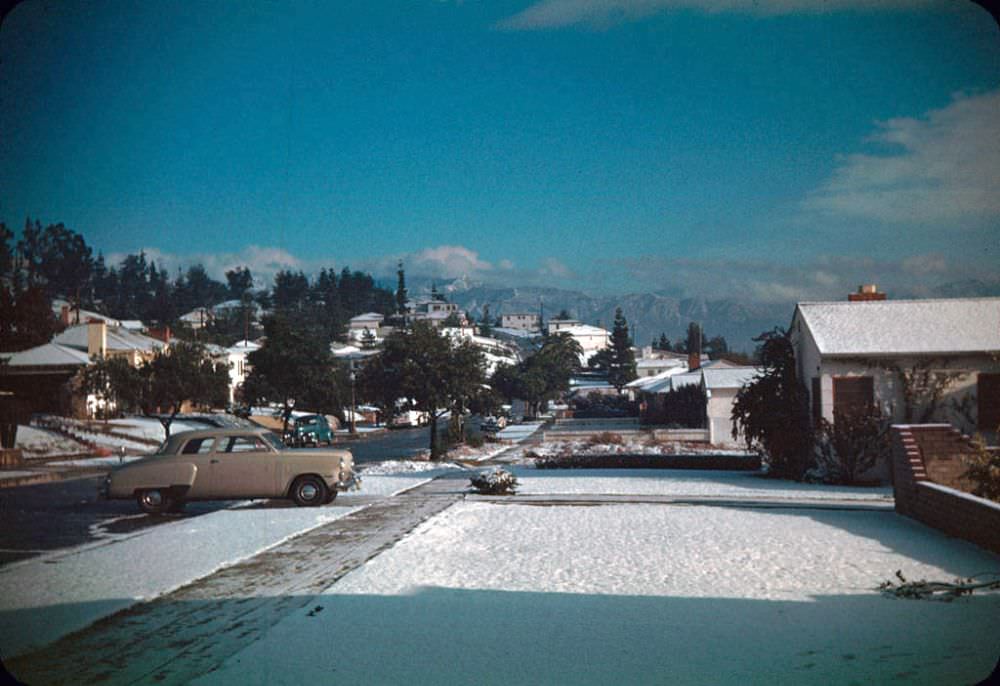 The San Gabriel community of Monterey Park after a 1949 snowstorm.