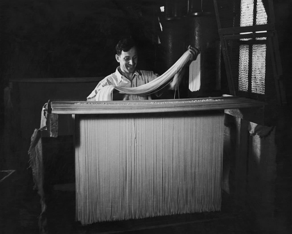 A worker placing spaghetti on a drying rack before it is transferred to a dryer, Italy, 1955