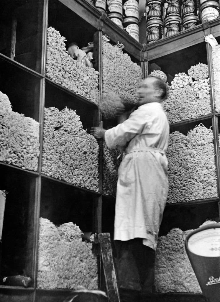 A spaghetti shop, the shelves filled with spaghetti, 1950s