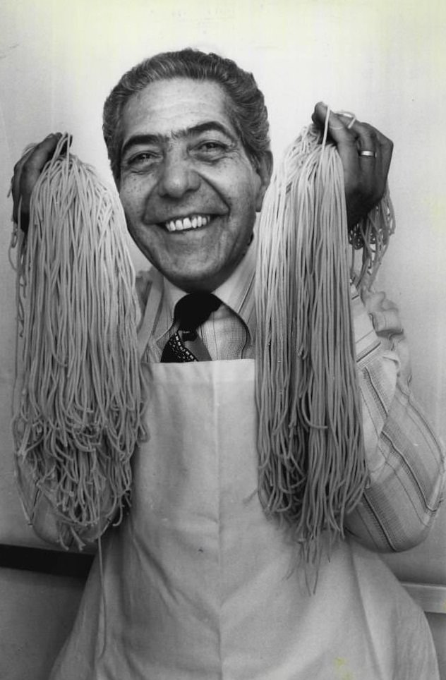Miguel Aguas working in his Shop, Pasta House at Leichhardt where they make Pasta fresh in the shop, 1981
