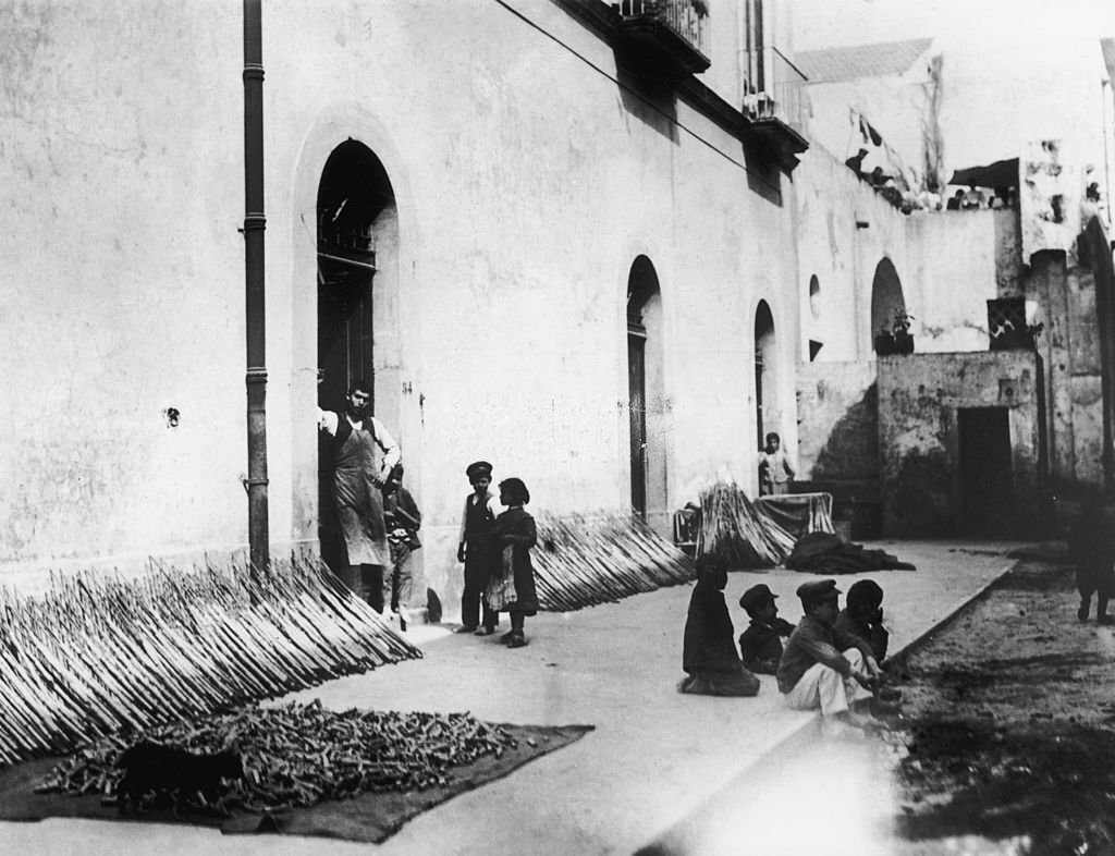 Pasta drying outside a small macaroni factory, Italy, July 1925.