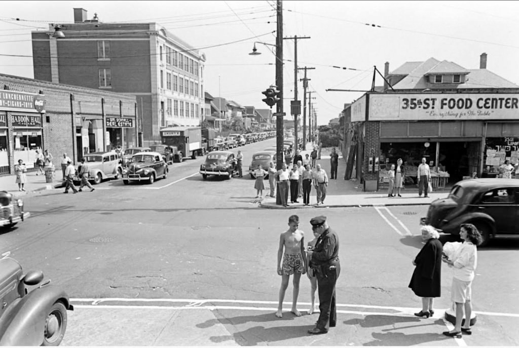 People being ticketed for 'Indecent Exposure' at Rockaway Beach of New York City, 1946