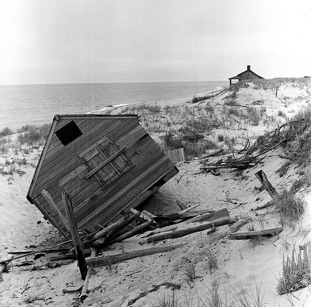View of the effects of a storm upon housing on the beach, Provincetown, Massachusetts, 1948.