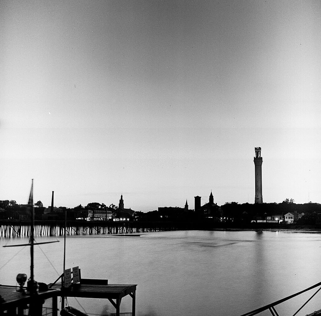 View of the Pilgrim Monument at dusk from across the water, Provincetown, Massachusetts, 1948.