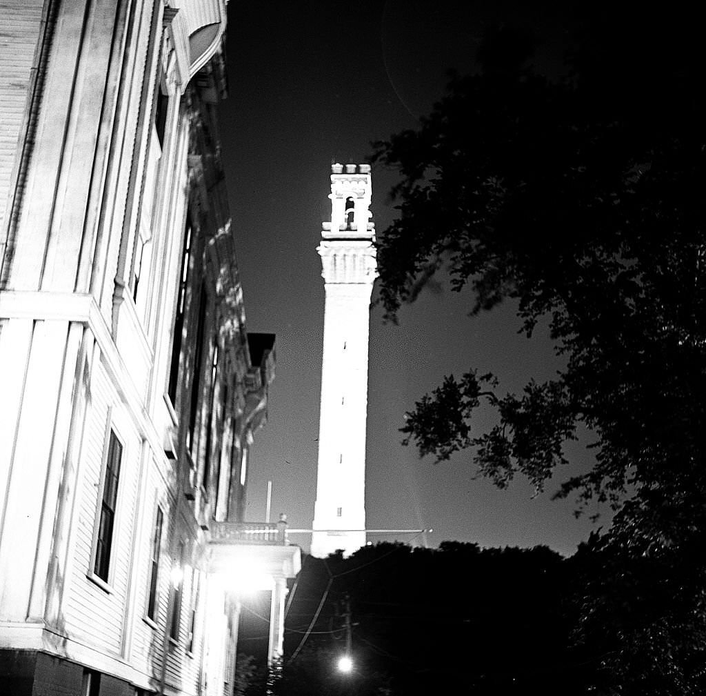 Night time view of the Pilgrim Monument, Provincetown, Massachusetts, 1948.