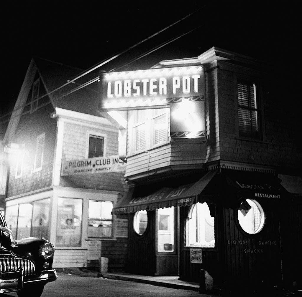 Night time view of the Lobster Pot Restaurant, Provincetown, Massachusetts, 1948.