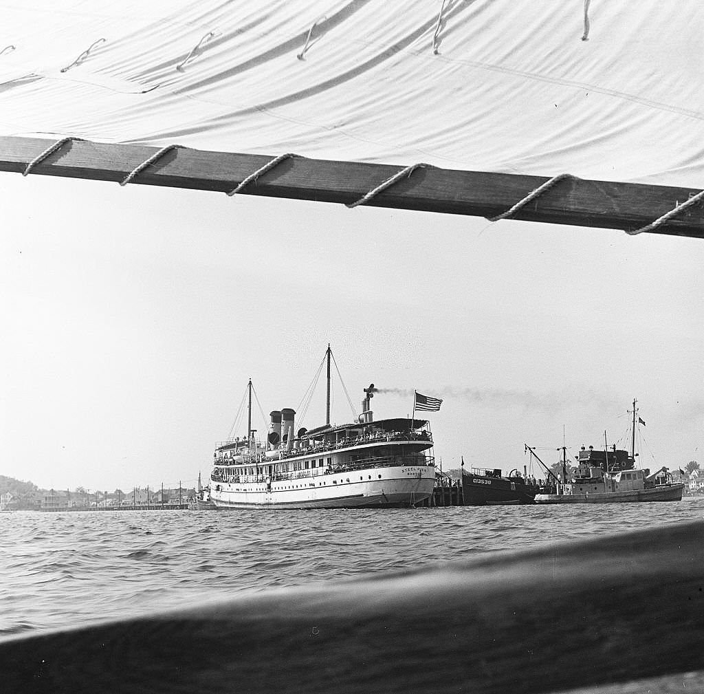 View of a ferry and other ships on the waters off Provincetown on Cape Cod, near Provincetown, Massachussetts, 1947.