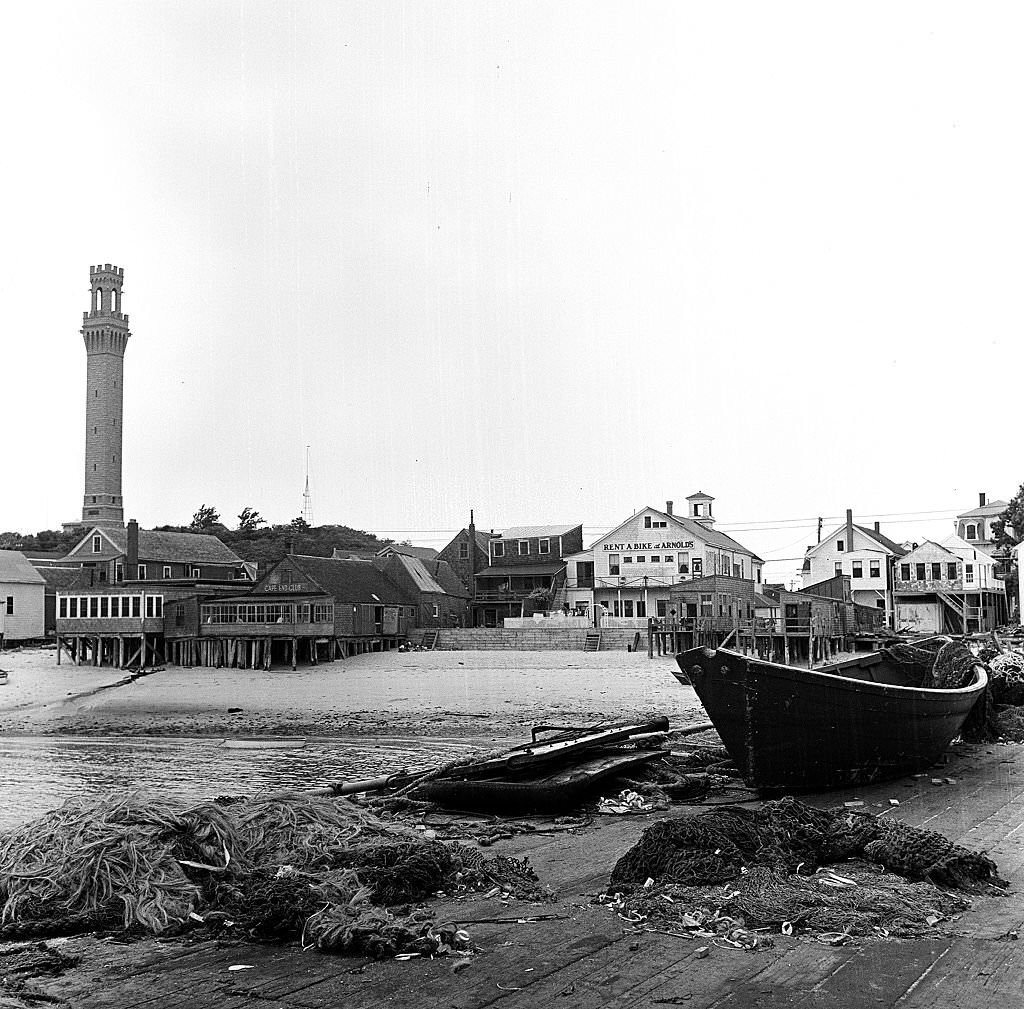 View showing the Pilgrim's Monument, at left, Provincetown, Massachusetts, 1948.
