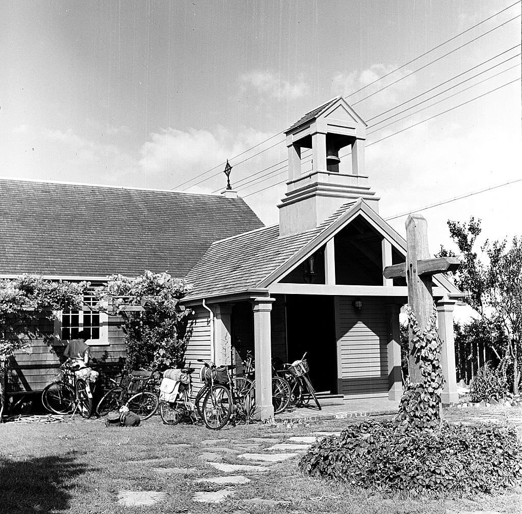 Exterior view, from inside the grounds of the Church of St Mary at the Harbor, Provincetown, Massachusetts, 1948.