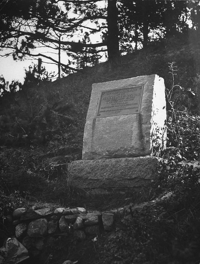 A site in Provincetown stating that it was the first landing place of the Pilgrims, Massachusetts, 1945.