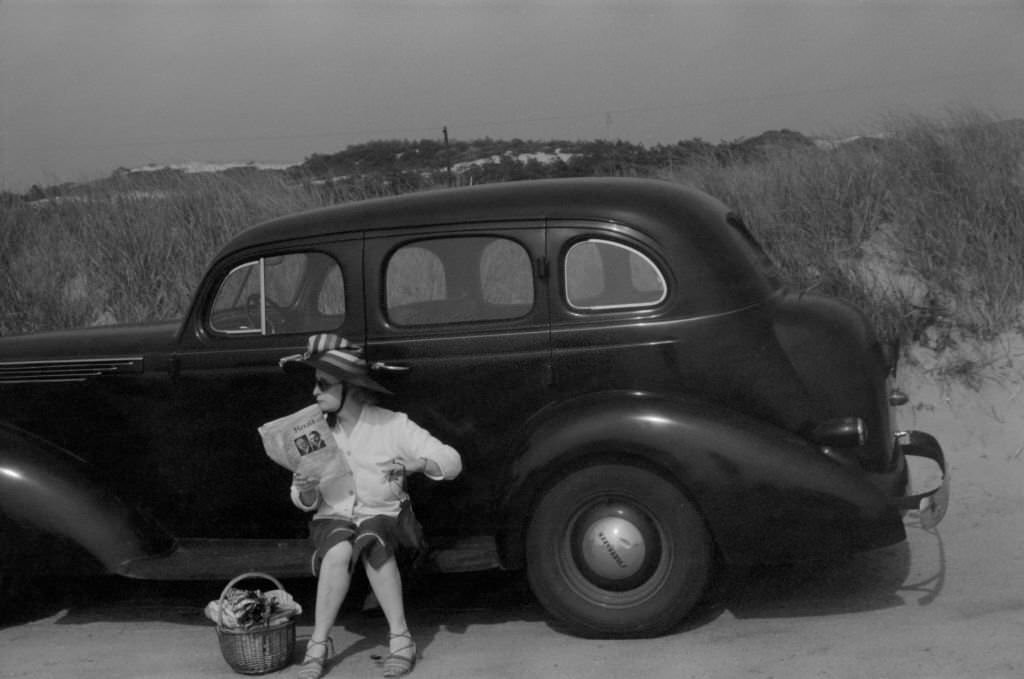 Woman Relaxing on Car at Beach, Provincetown, 1940