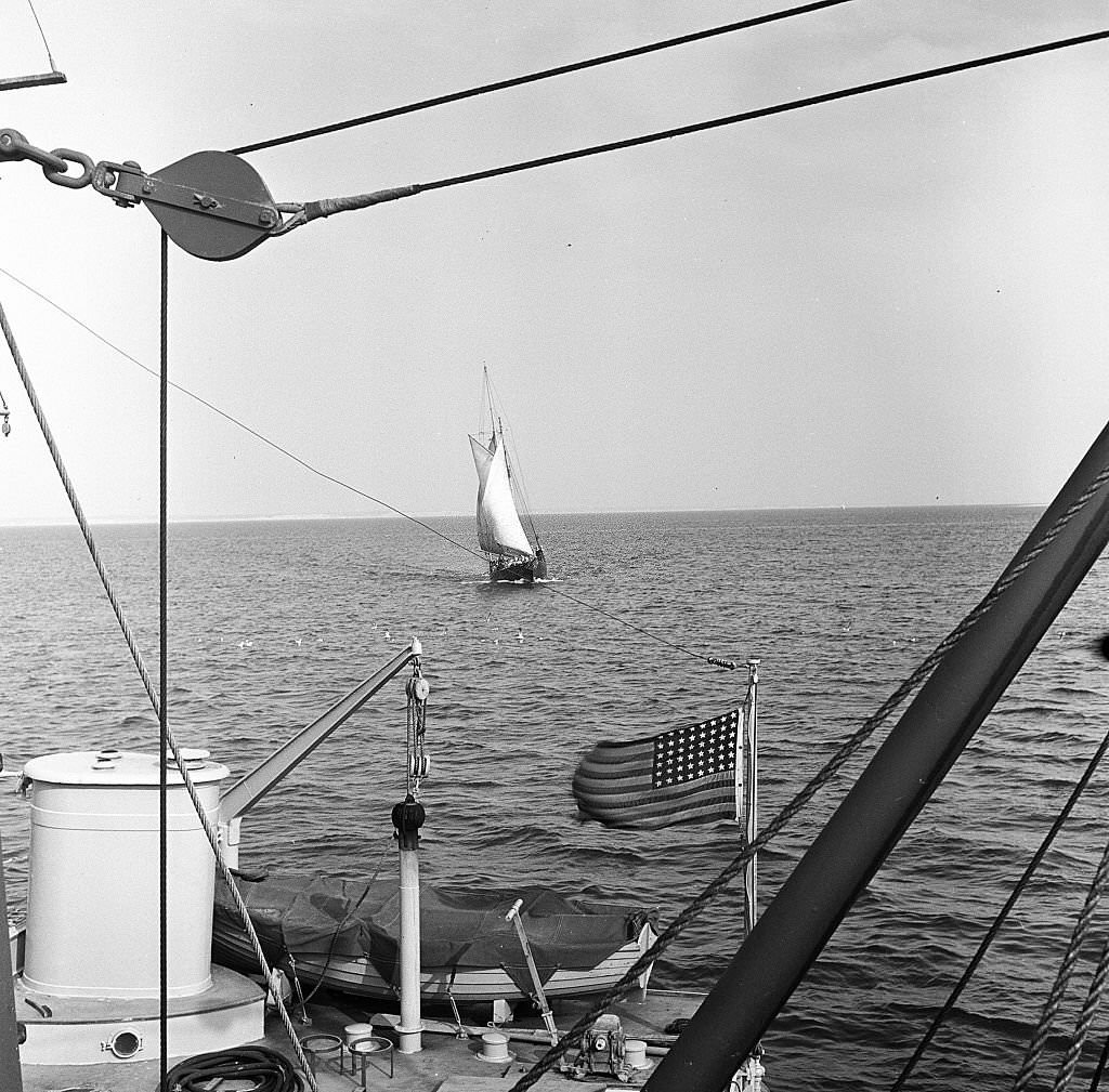 View of sailboats along the piers, Provincetown, Massachusetts, 1948.