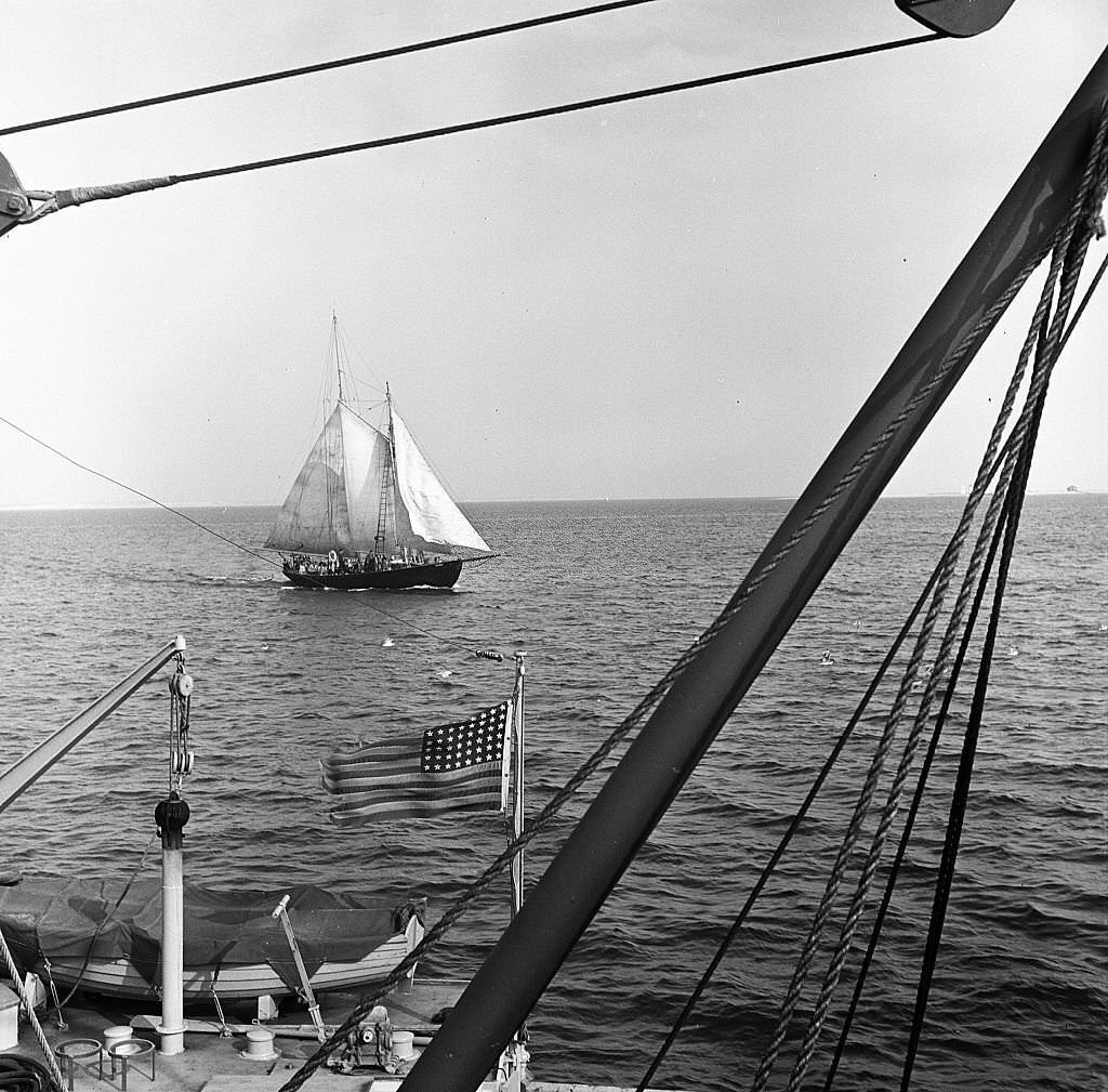 View of sailboats along the piers, Provincetown, Massachusetts, 1948.