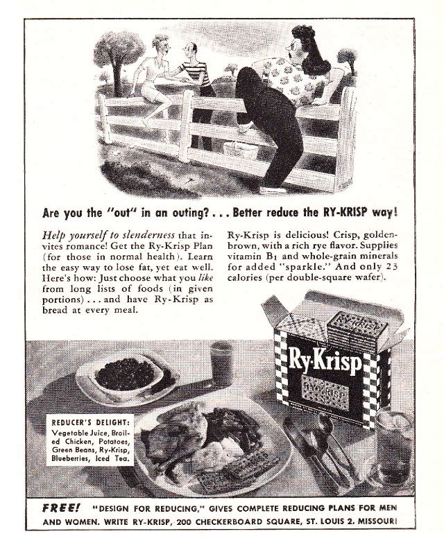 Vintage Offensive Fat-Shaming and Weight Loss ads for women from Ry-Krisp, 1930-1950