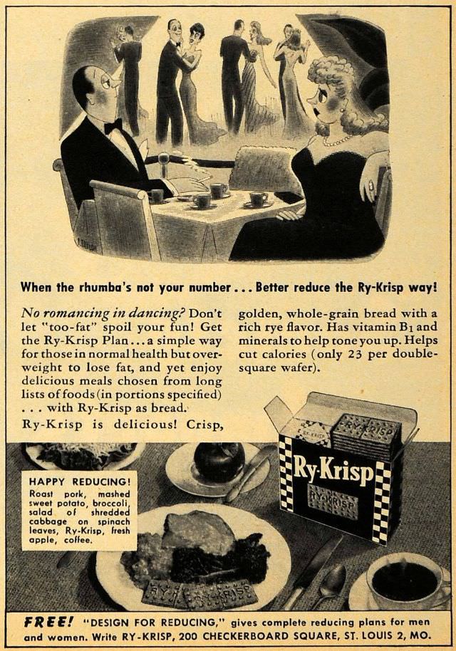 Vintage Offensive Fat-Shaming and Weight Loss ads for women from Ry-Krisp, 1930-1950