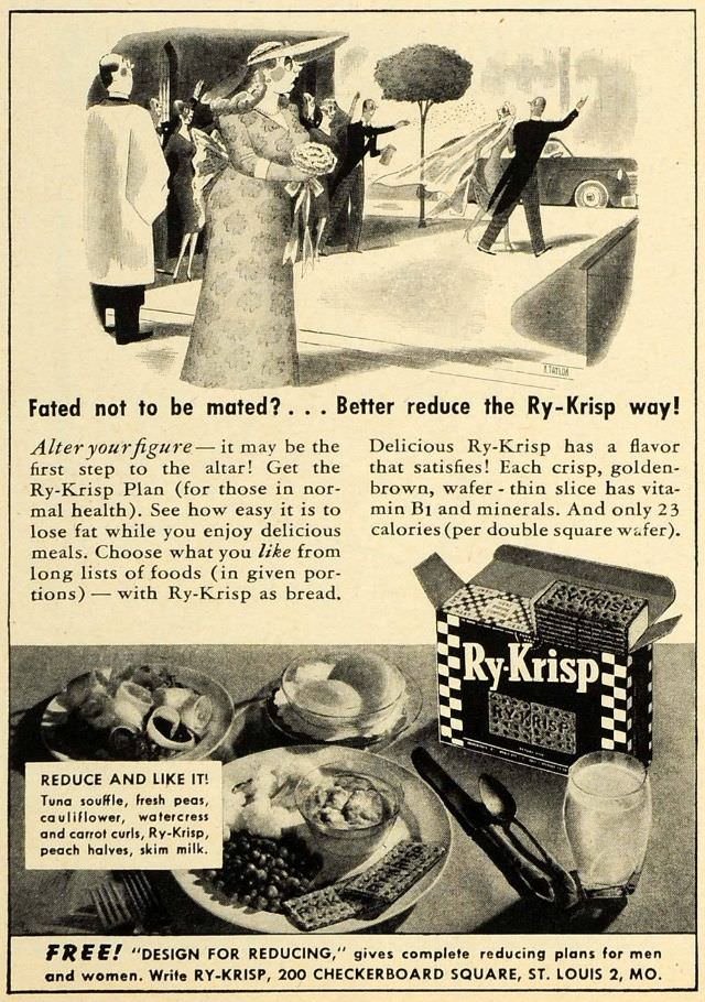 Vintage Offensive Fat-Shaming and Weight Loss ads for women from Ry-Krisp, 1930-1950