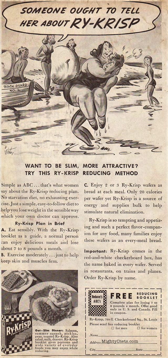 Vintage Offensive Fat-Shaming and Weight Loss ads for women from Ry-Krisp, 1930-1950