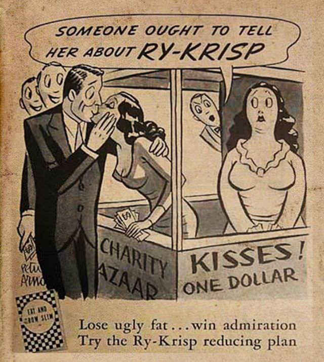 Vintage Offensive Fat-Shaming and Weight Loss ads for women from Ry-Krisp, 1930-1950