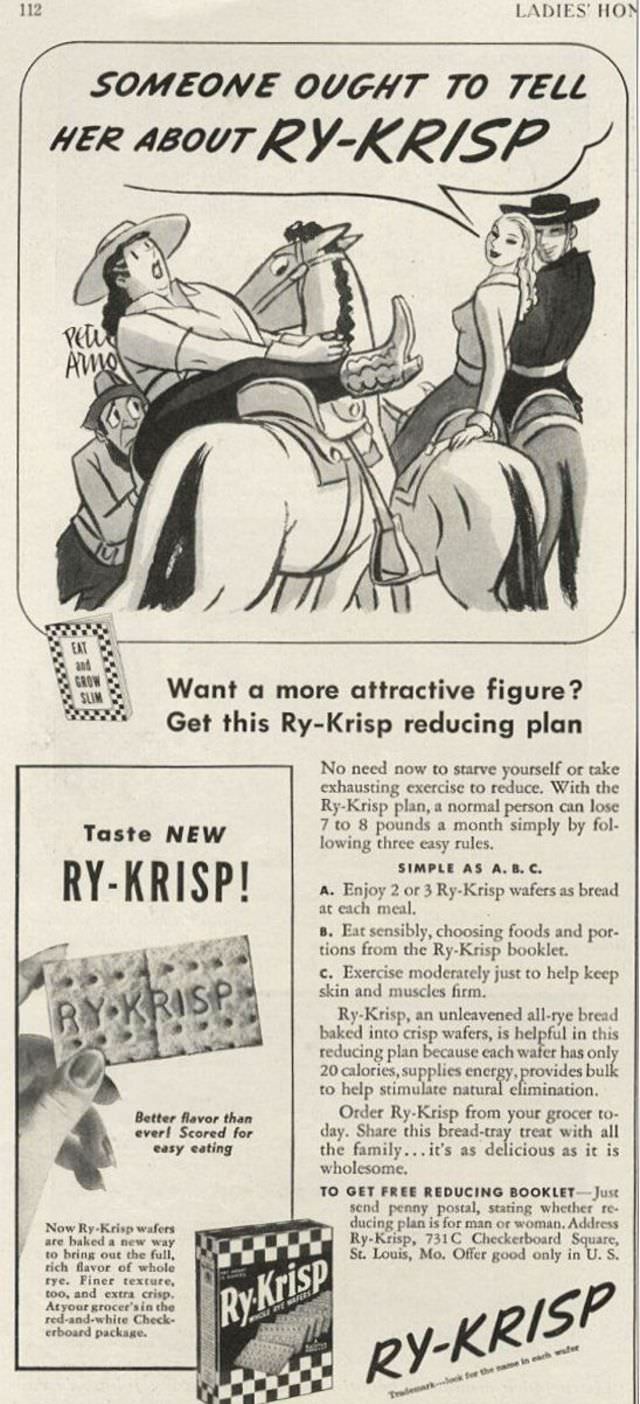 Vintage Offensive Fat-Shaming and Weight Loss ads for women from Ry-Krisp, 1930-1950