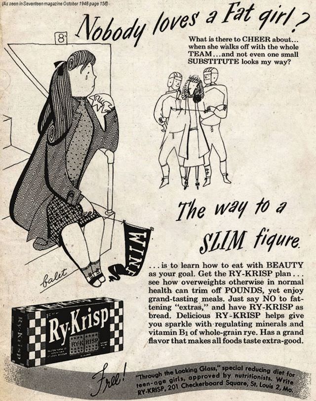 Vintage Offensive Fat-Shaming and Weight Loss ads for women from Ry-Krisp, 1930-1950