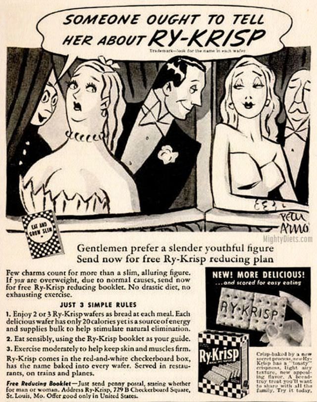 Vintage Offensive Fat-Shaming and Weight Loss ads for women from Ry-Krisp, 1930-1950