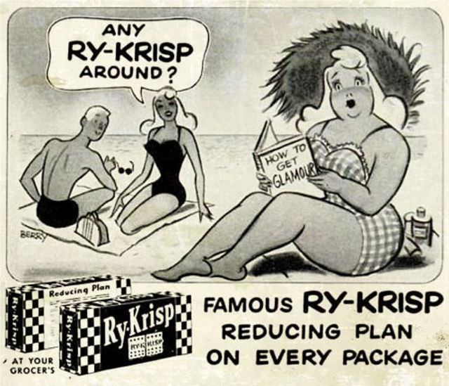 Vintage Offensive Fat-Shaming and Weight Loss ads for women from Ry-Krisp, 1930-1950