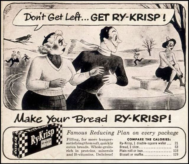 Vintage Offensive Fat-Shaming and Weight Loss ads for women from Ry-Krisp, 1930-1950