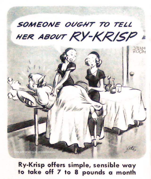 Vintage Offensive Fat-Shaming and Weight Loss ads for women from Ry-Krisp, 1930-1950