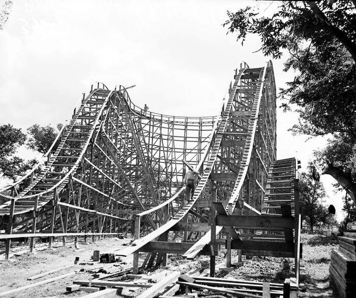 Roller coaster construction in San Antonio, Texas, 1947