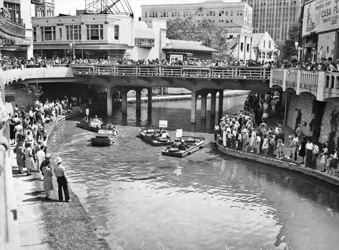 Amphibious jeeps in the San Antonio River north of Houston Street bridge, 1943