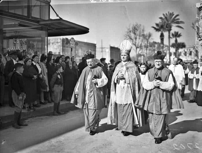 Archbishop Robert E. Lucey in procession, 1941