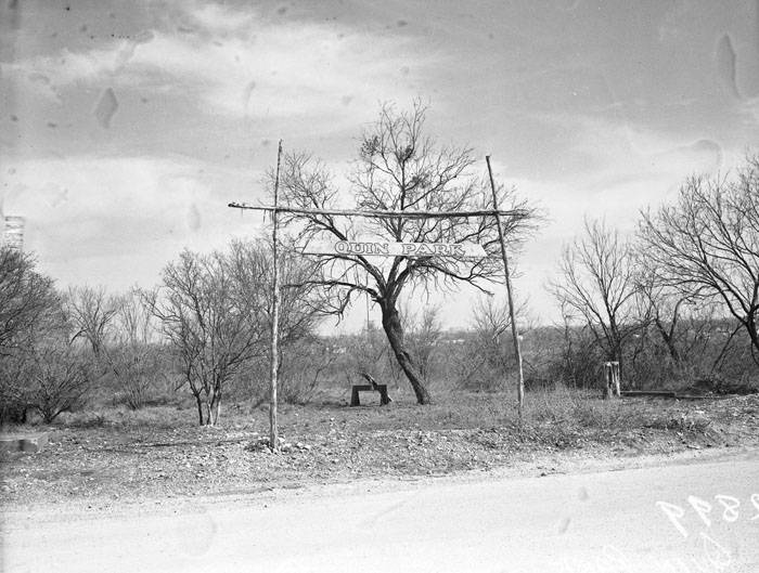 Rustic sign in field for Quin Park, 1942